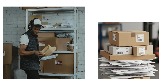 Team member preparing packages and sorting mail